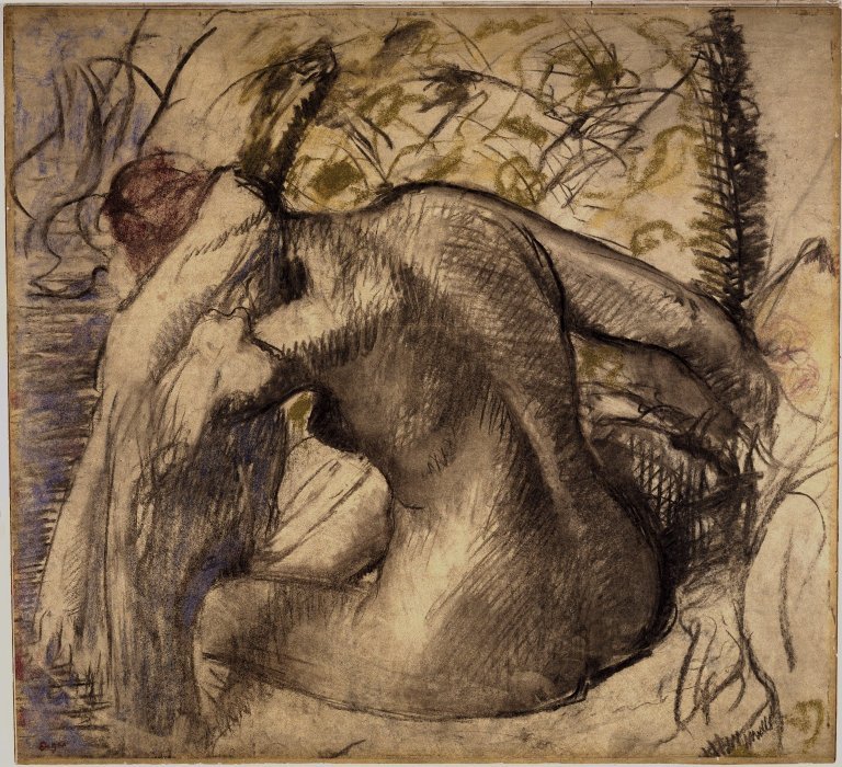 Mulher nua sentada, secando o cabelo dela de Edgar Degas