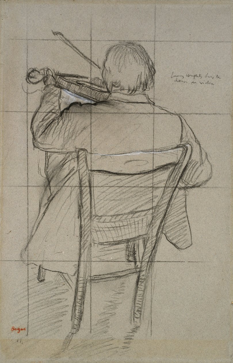 Estudo de um violinista visto de trás, século 19 (carvão aumentado com branco sobre papel) de Edgar Degas