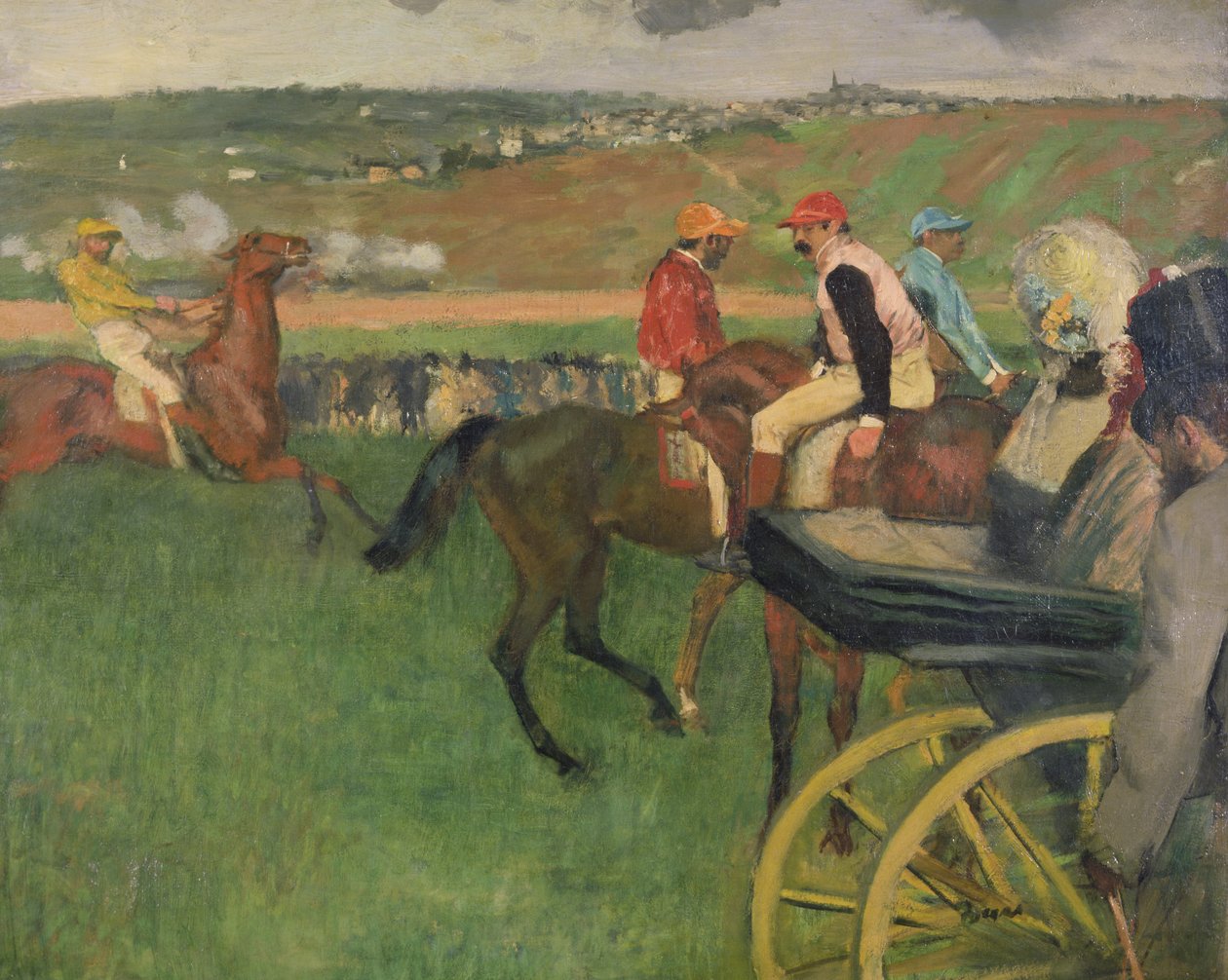 O Hipódromo - Jóqueis Amadores perto de uma Carruagem, c.1876-87 de Edgar Degas