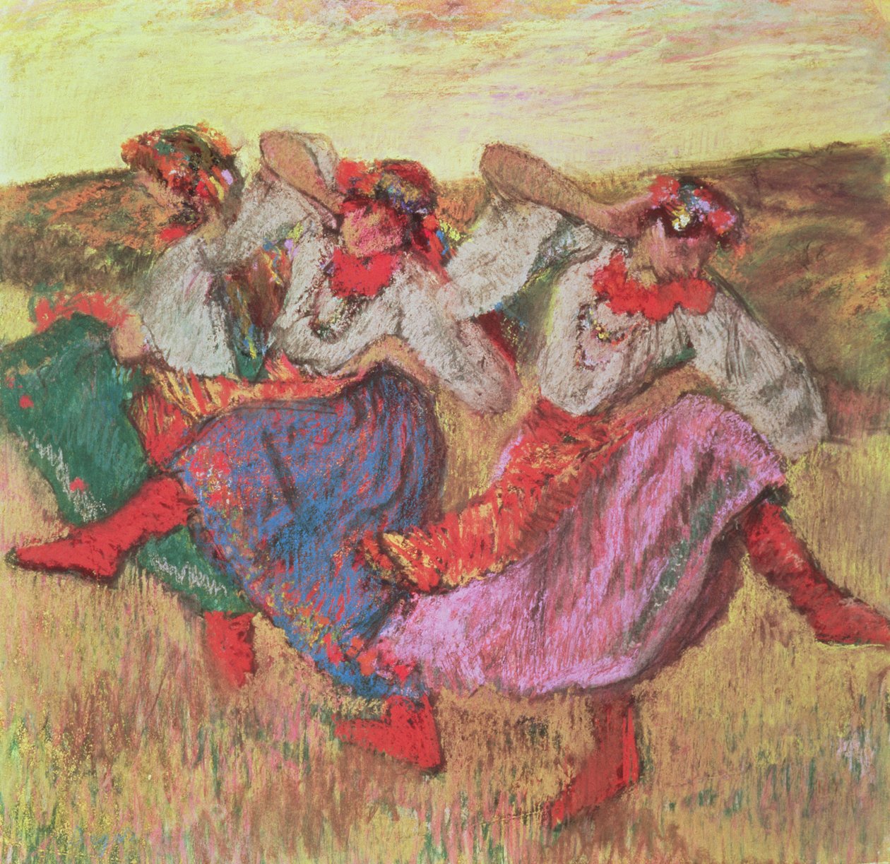 Três dançarinos em traje camponês (pastel) de Edgar Degas