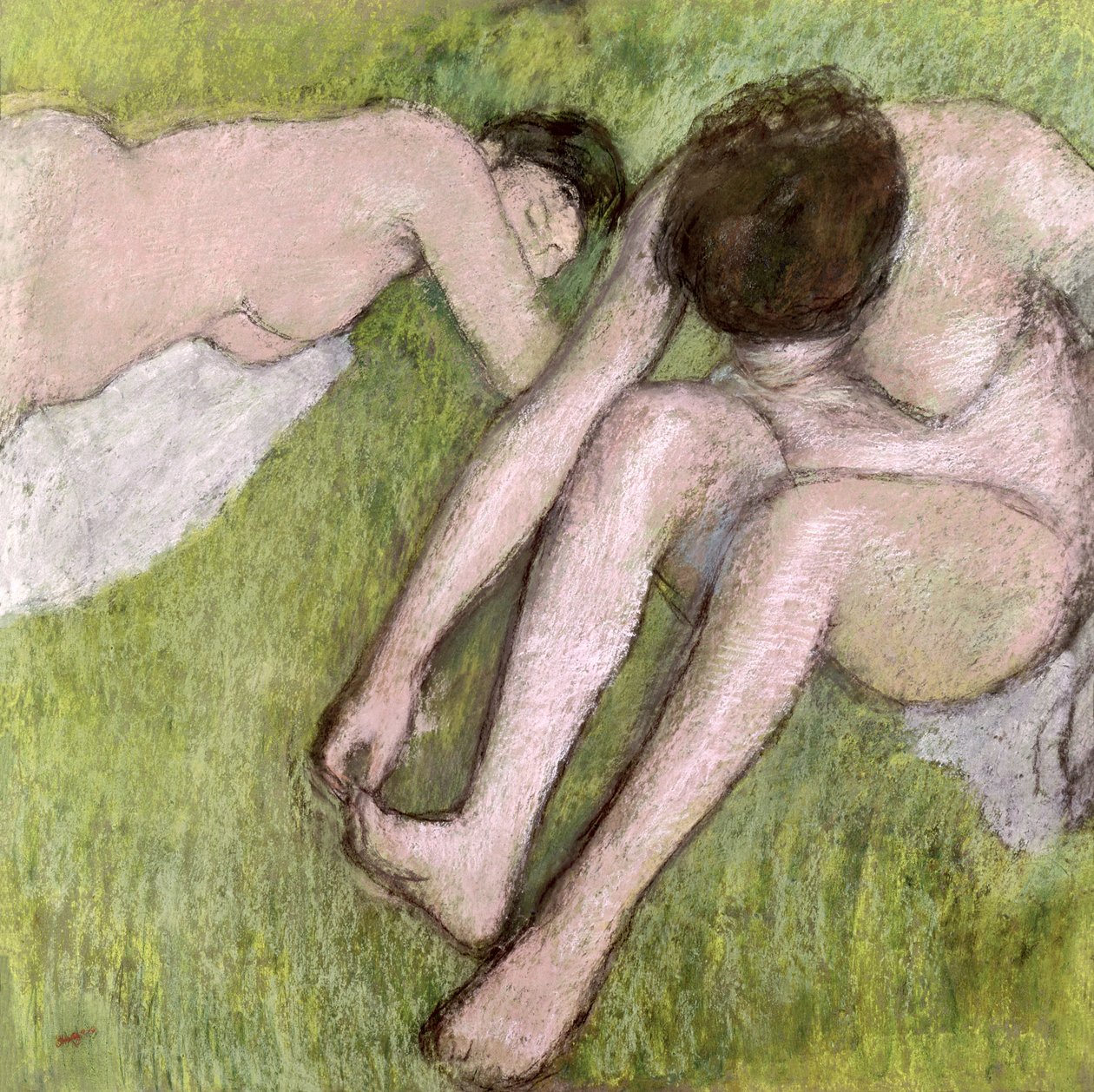 Dois banhistas na grama, c.1886-90 (pastel sobre papel) de Edgar Degas