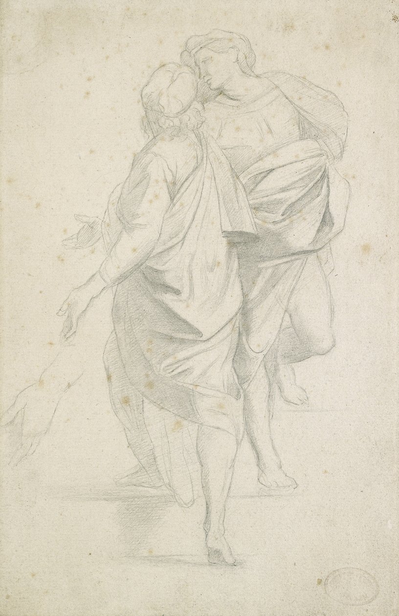 Duas figuras de pé em um vôo de etapas, depois de Raphael (grafite em papel branco texturizado fino) de Edgar Degas