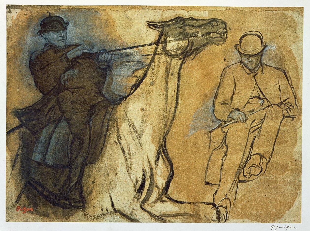 Dois estudos de pilotos (caneta e tinta, óleo e guache sobre papel amarelo) de Edgar Degas