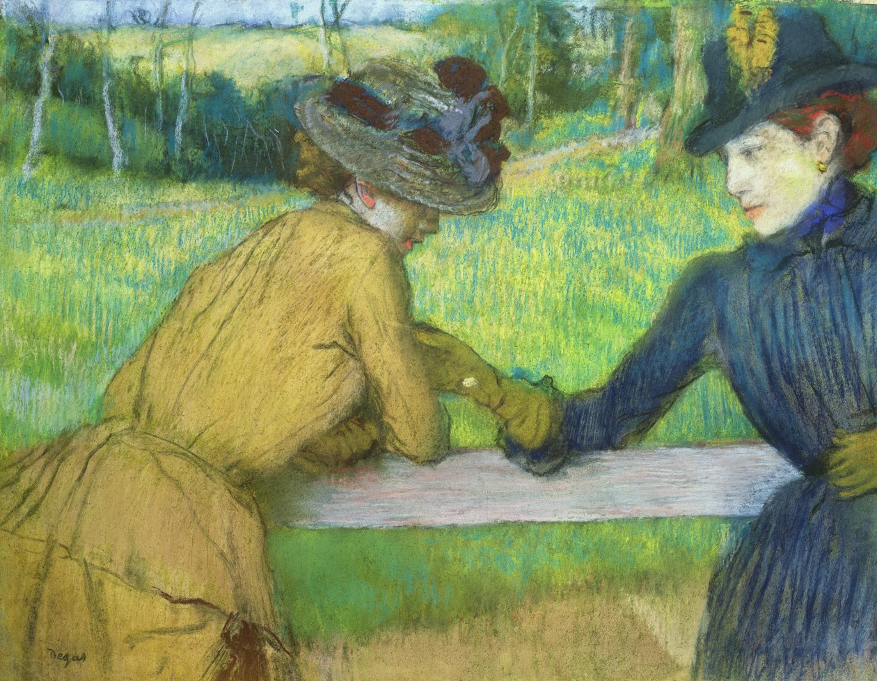 Duas mulheres, inclinar-se, um, portão, (pastel) de Edgar Degas