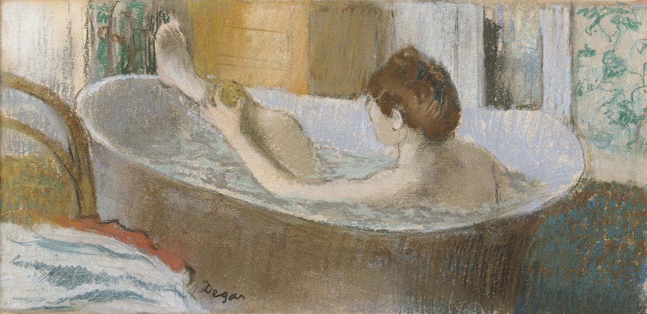 Mulher, em, dela, banho, esponjando, dela, perna, c.1883, (pastel, on paper) de Edgar Degas