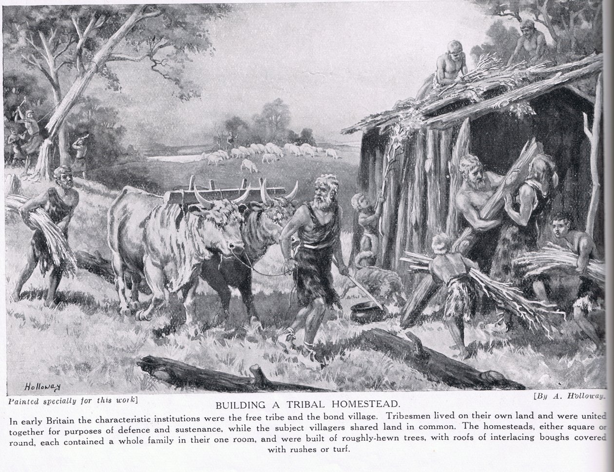Construindo uma herdade tribal, ilustração de "História das Nações de Hutchinson", c.1910 de Edgar Alfred Holloway