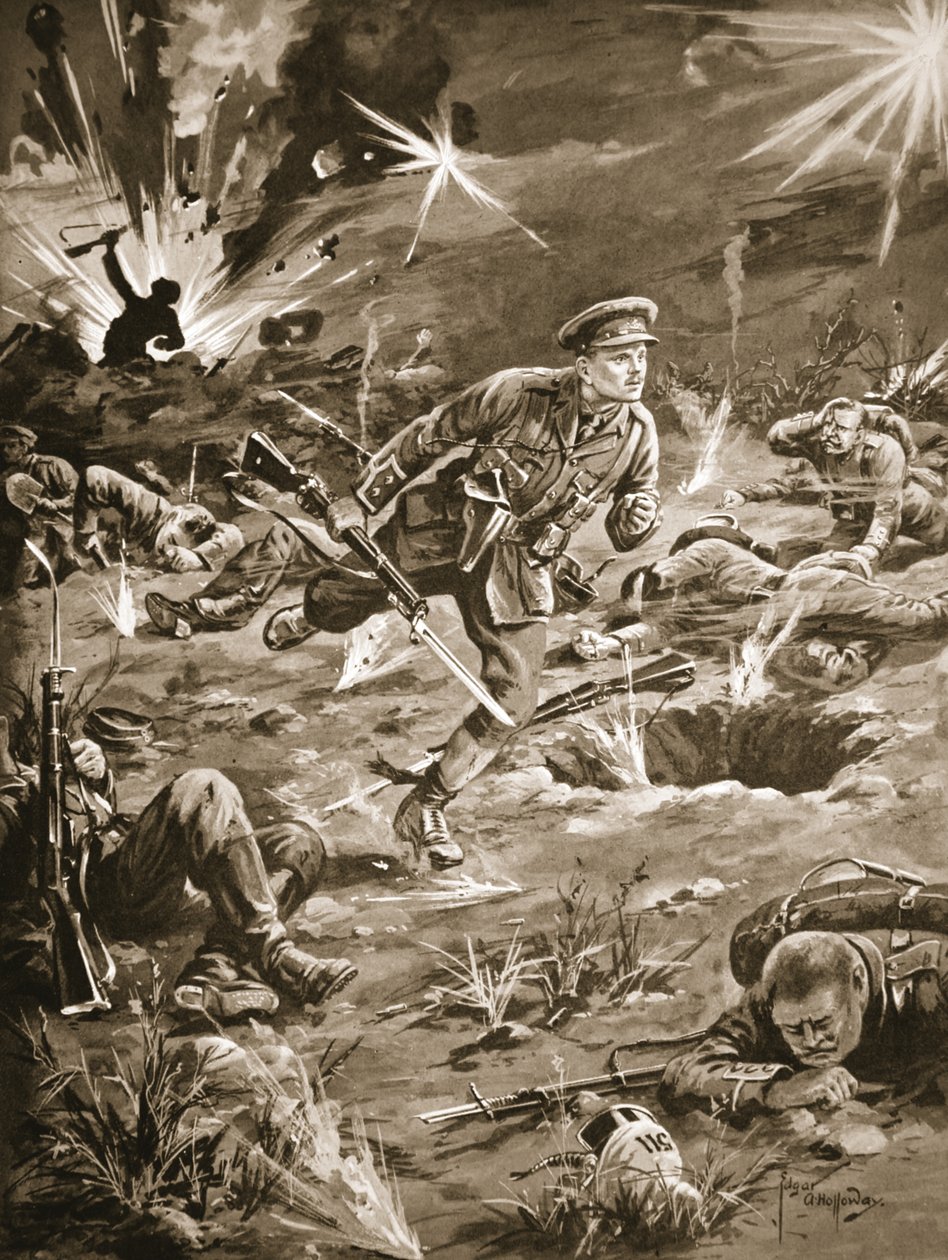 Tenente Geary correndo, sob pesado fogo de granada, para uma trincheira à direita de Hill 60 para entrar em contato com um oficial de Edgar Alfred Holloway