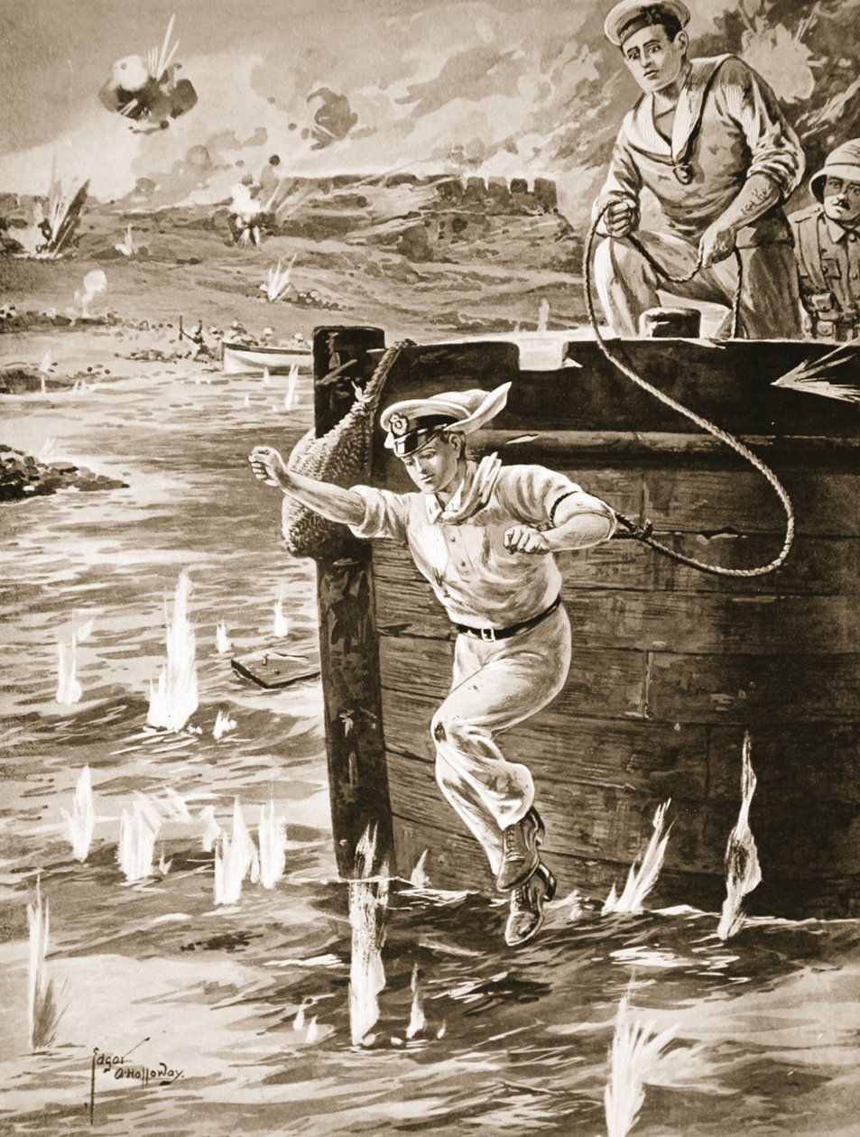 Midshipman Malleson pulando com uma linha de uma barcaça para ligar outra barcaça que estava à deriva de Edgar Alfred Holloway