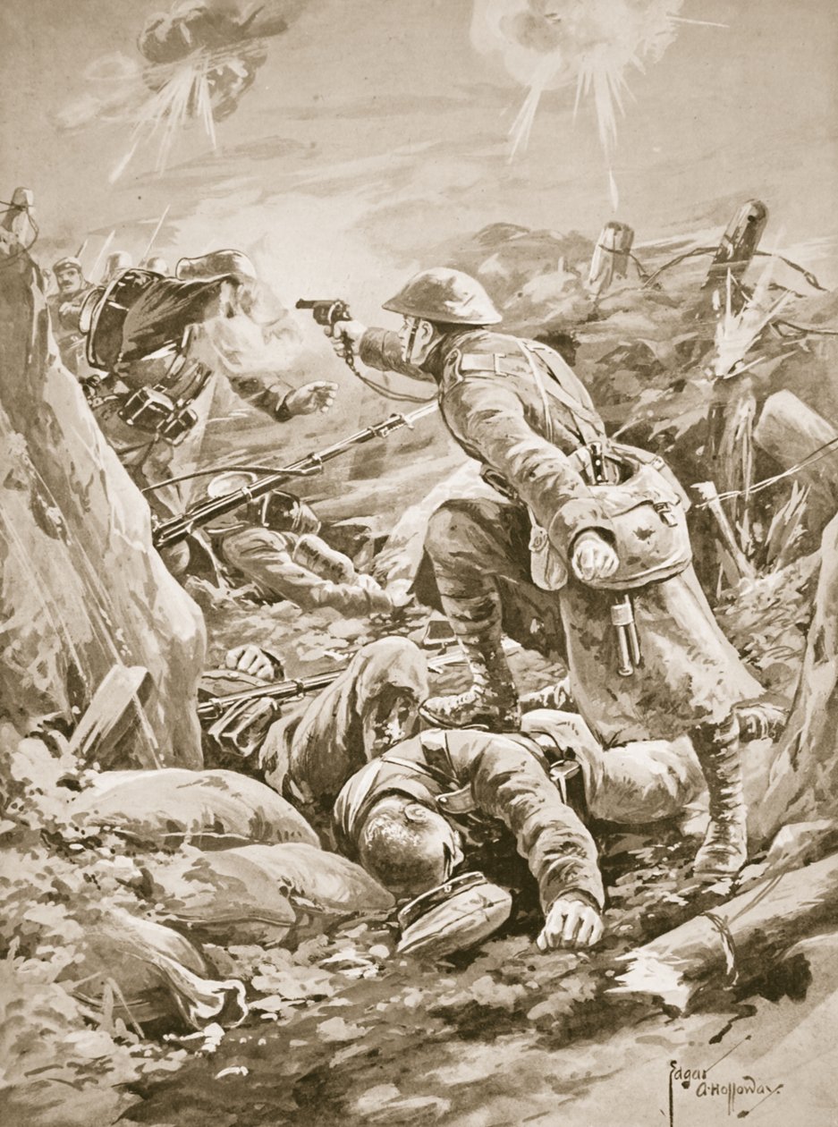 Privado (interino-corporal) L. Clarke, sozinho, segurando à distância um grupo de alemães durante um contra-ataque de Edgar Alfred Holloway