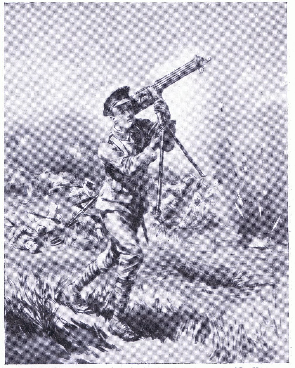 Private Lynn carregando uma metralhadora para conserto sob fogo pesado na Batalha de Aisne. Concedido o DCM 1915 de Edgar Alfred Holloway