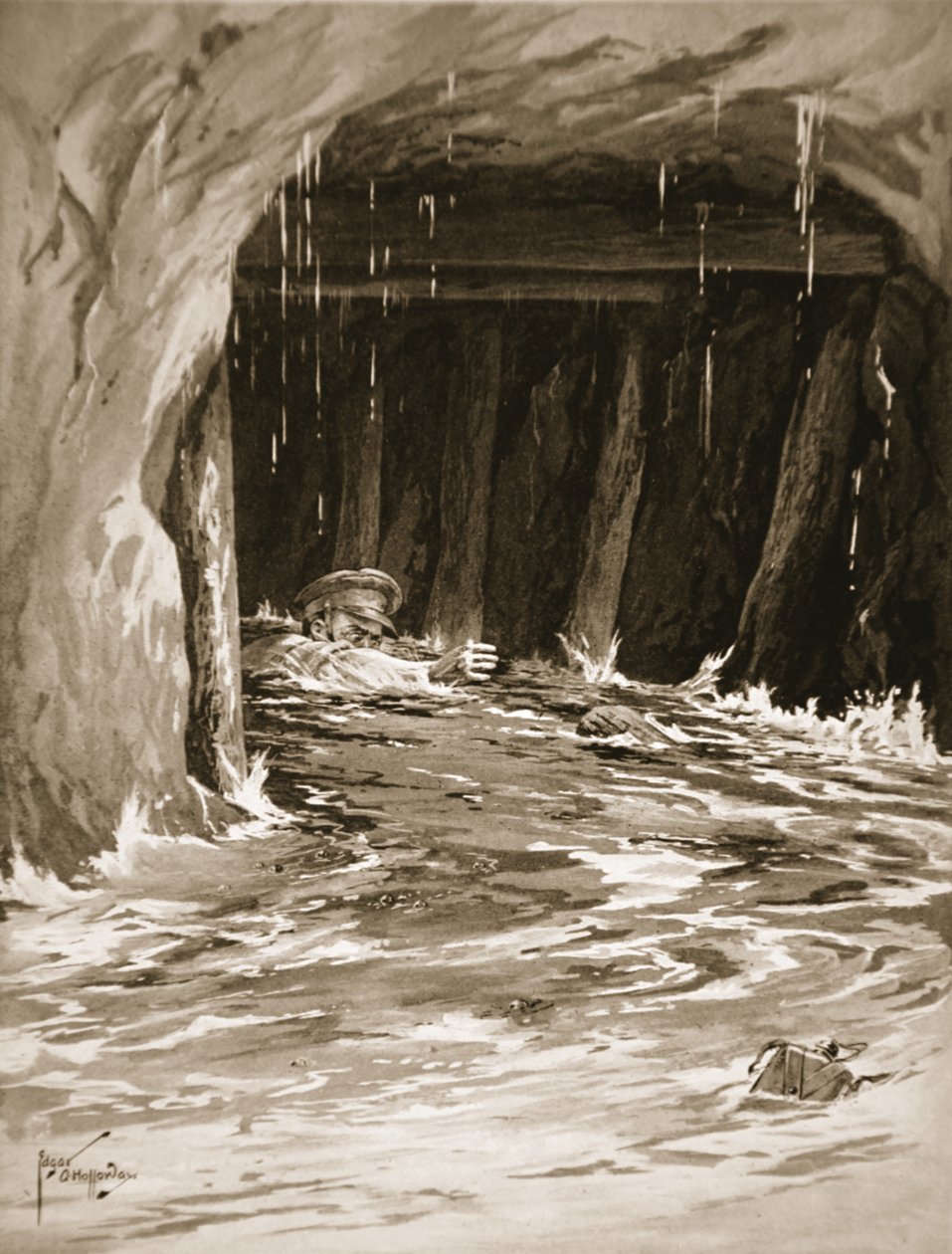 O segundo-cabo Collier lutando em uma galeria de minas quase cheia de água depois de completar seu trabalho de Edgar Alfred Holloway