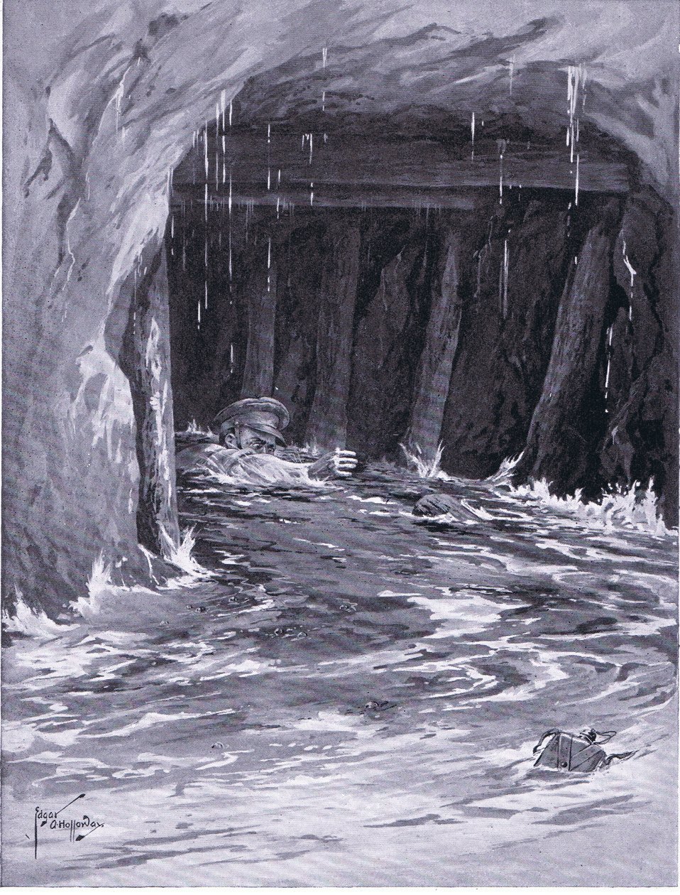 Segundo Cabo Collier lutando fora de uma galeria de minas quase cheia de água após completar seu trabalho (DCM) (litho) de Edgar Alfred Holloway