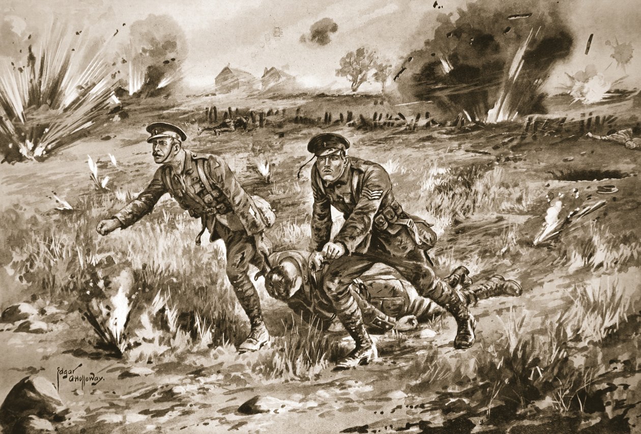 Sargento Gannon auxiliando um oficial em ordem a trazer seu mestre ferido sob fogo muito pesado de Edgar Alfred Holloway