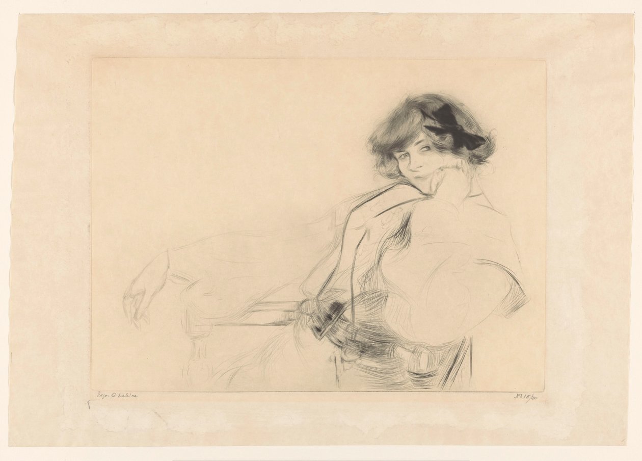 Mulher jovem com um laço no cabelo sentada em uma cadeira de Edgar Chahine (signed by artist)