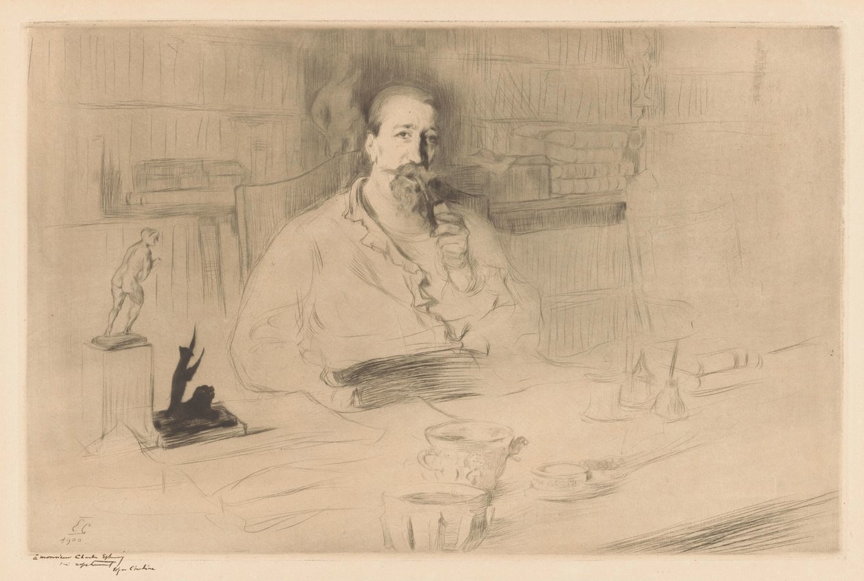 Retrato de Anatole France atrás da sua secretária de Edgar Chahine (signed by artist)