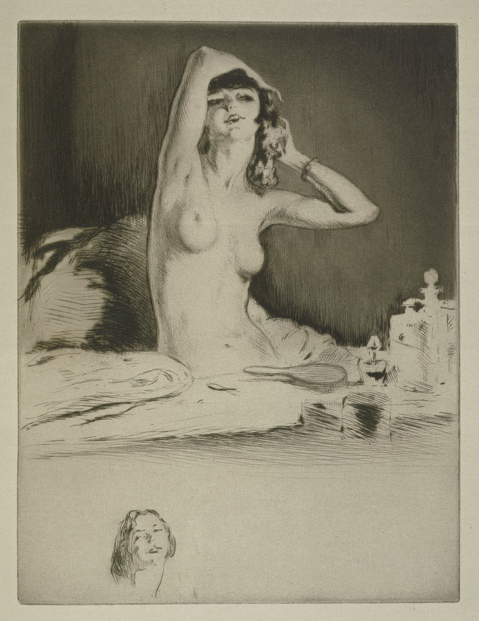 Uma mulher na sua casa de banho, ilustração para "Mitsou" de Sidonie-Gabrielle Colette (1873-1954) publicada em 1930 (gravura e ponto seco) de Edgar Chahine
