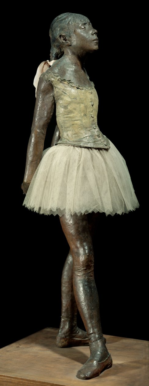 14 anos ou grande dançarino vestido Escultura de Edgar Degas (1834-1917) em patina de bronze, tule e cetim rosa sobre base de madeira de Edgar Degas