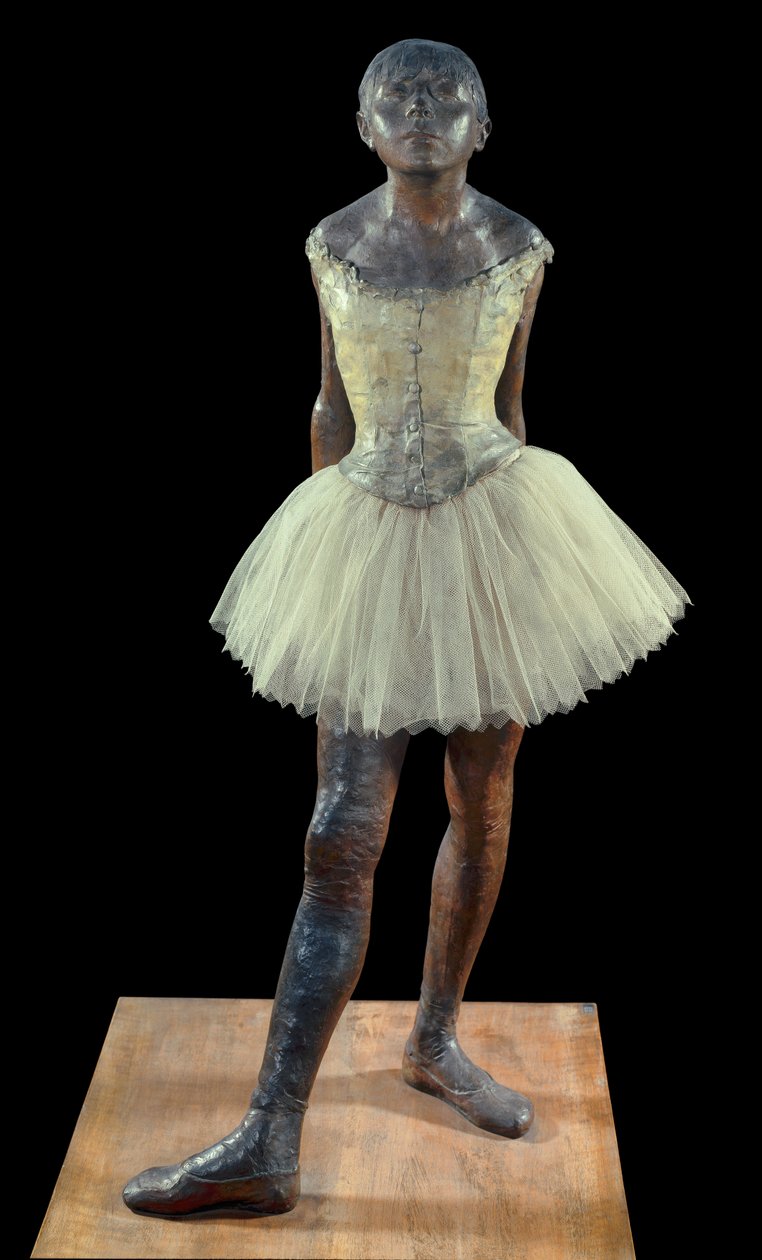 14 anos de idade ou dançarino alto vestido - Escultura de Edgar Degas (1834-1917) em patina de bronze, tule e cetim rosa sobre base de madeira de Edgar Degas