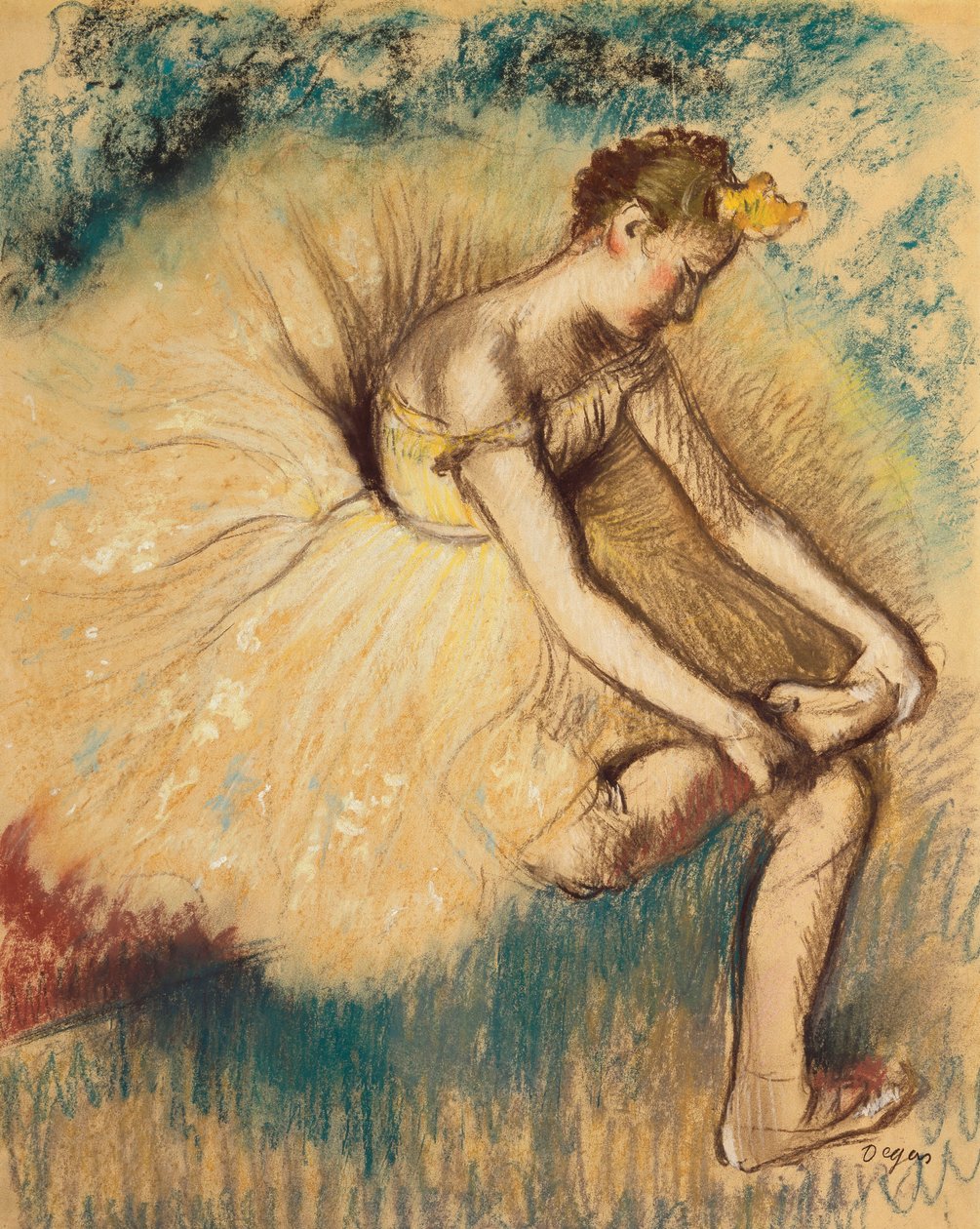 Uma dançarina calçando o sapato; Dançarina amarrando o sapato, 1896 de Edgar Degas