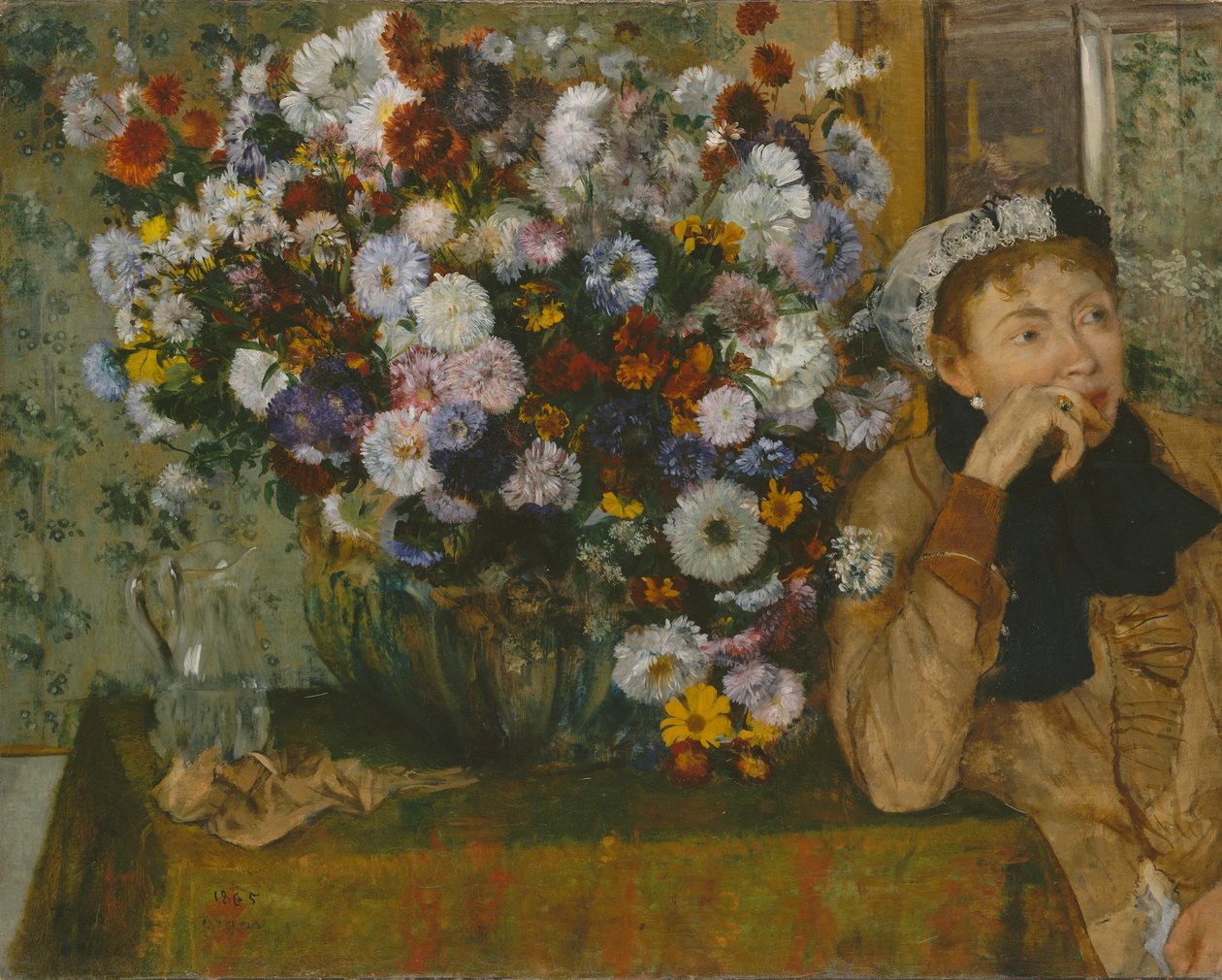 Uma mulher sentada ao lado de um vaso de flores Madame Paul Valpinçon, 1865. de Edgar Degas