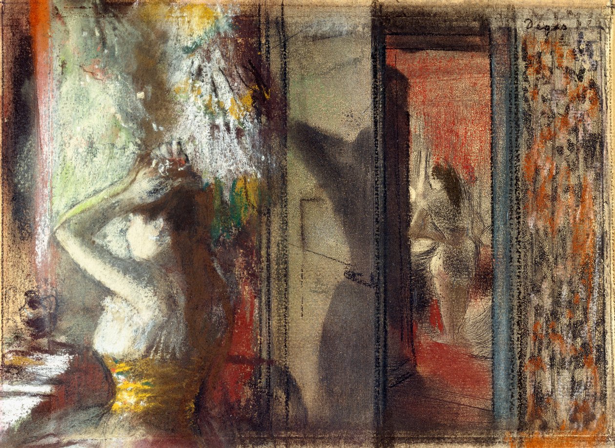 Camarim das atrizes, c.1885 (pastel sobre gravura no papel) de Edgar Degas