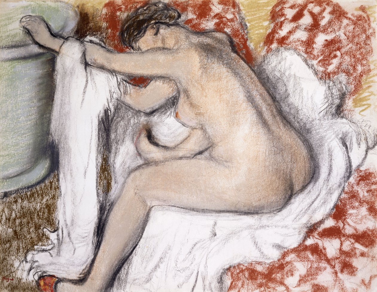 Após o banho (mulher se enxugando); La Sortie du Bain (Femme S&39;Essuyant), c.1885 (pastel sobre monótipo no papel) de Edgar Degas