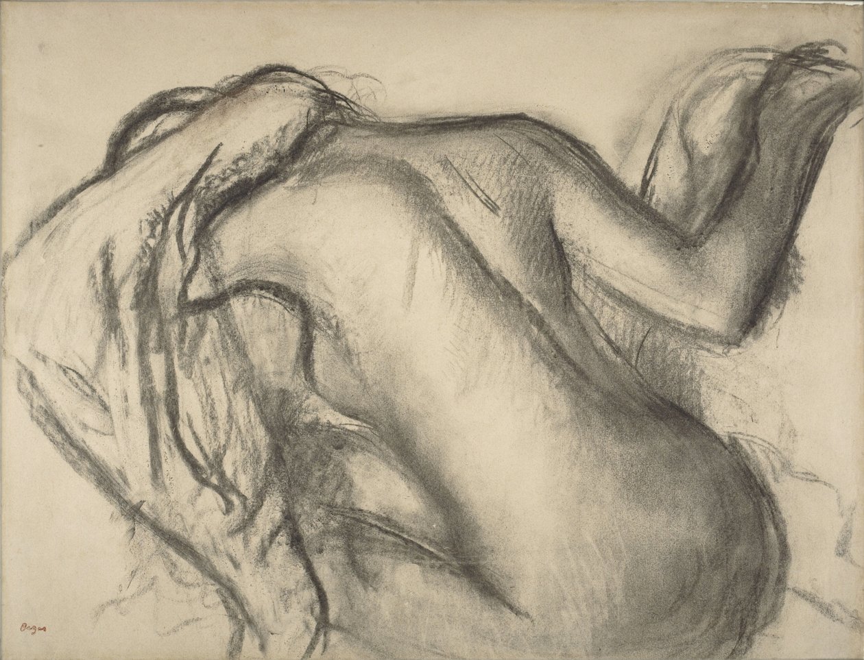 Depois do banho, mulher secando o cabelo, c.1893-98 (carvão e giz marrom no papel) de Edgar Degas