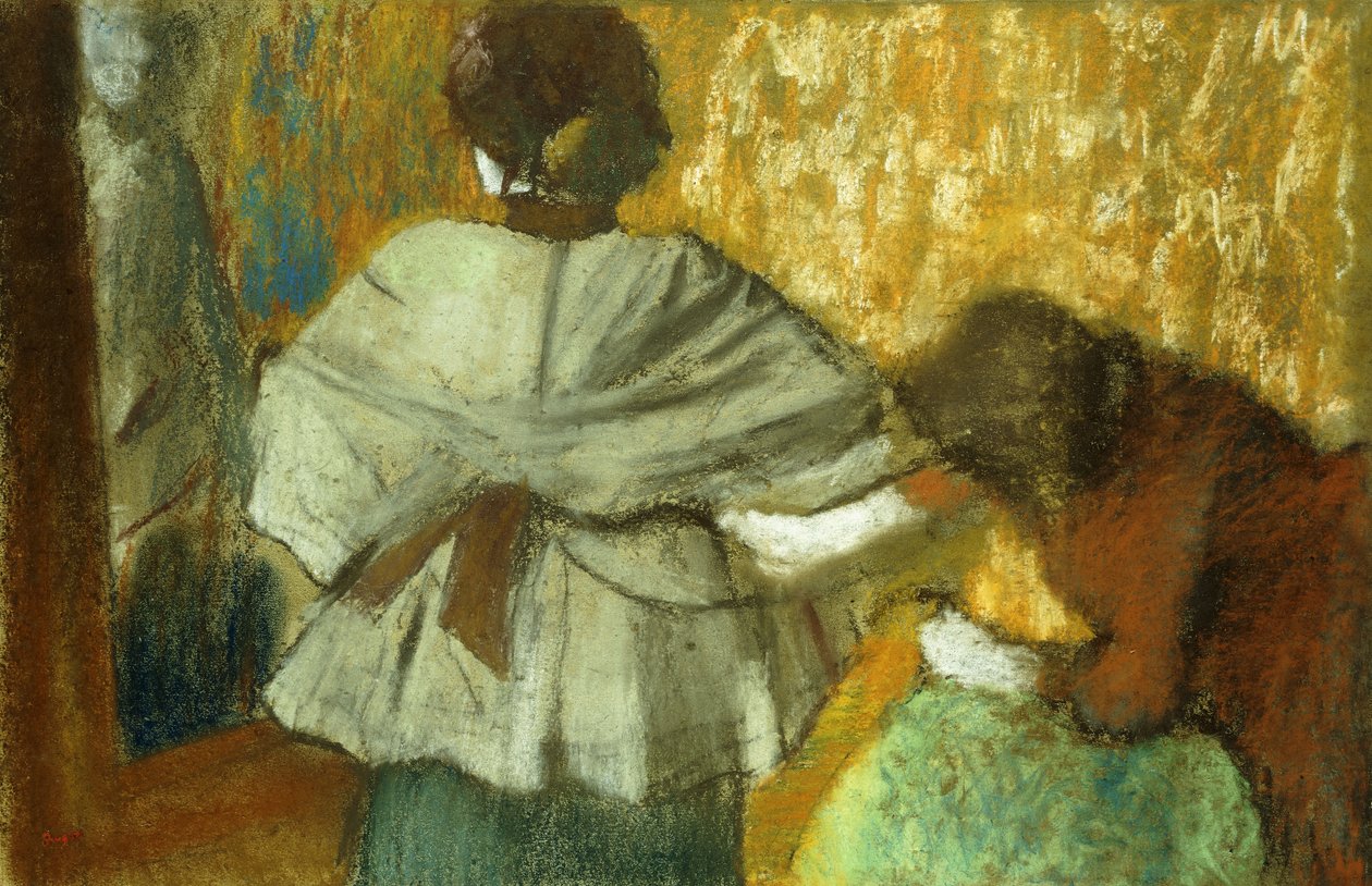 No Couturiere, o encaixe; Chez la Couturiere, L "ensaio, 1882 de Edgar Degas