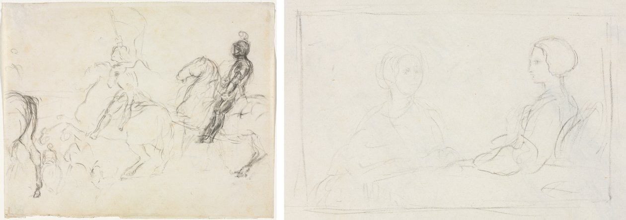 Cena de batalha com figuras blindadas a cavalo (reto) Duas mulheres sentadas (verso) de Edgar Degas