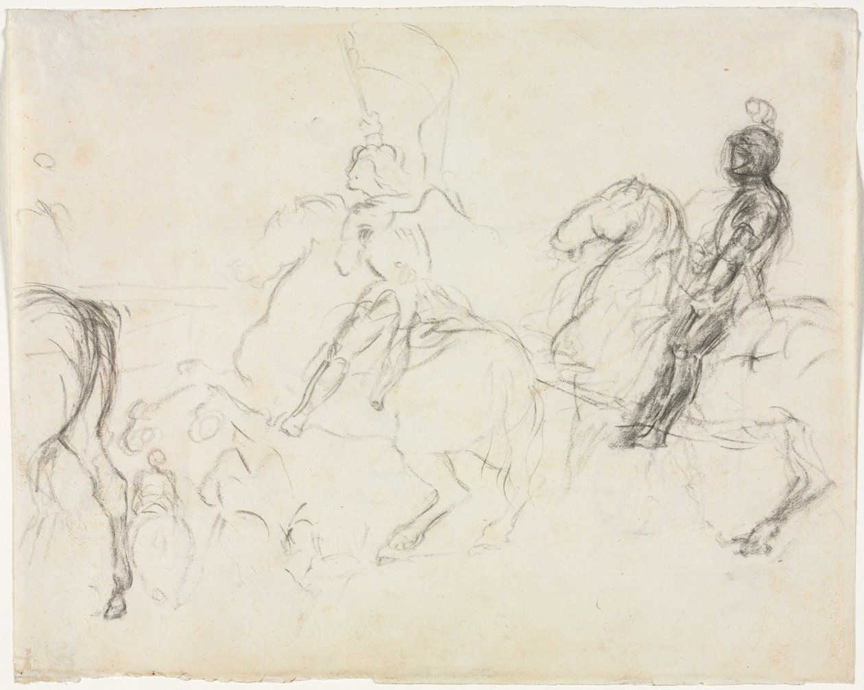 Cena de batalha com figuras blindadas a cavalo, no verso de Two Seated Women, 1856-1860. de Edgar Degas
