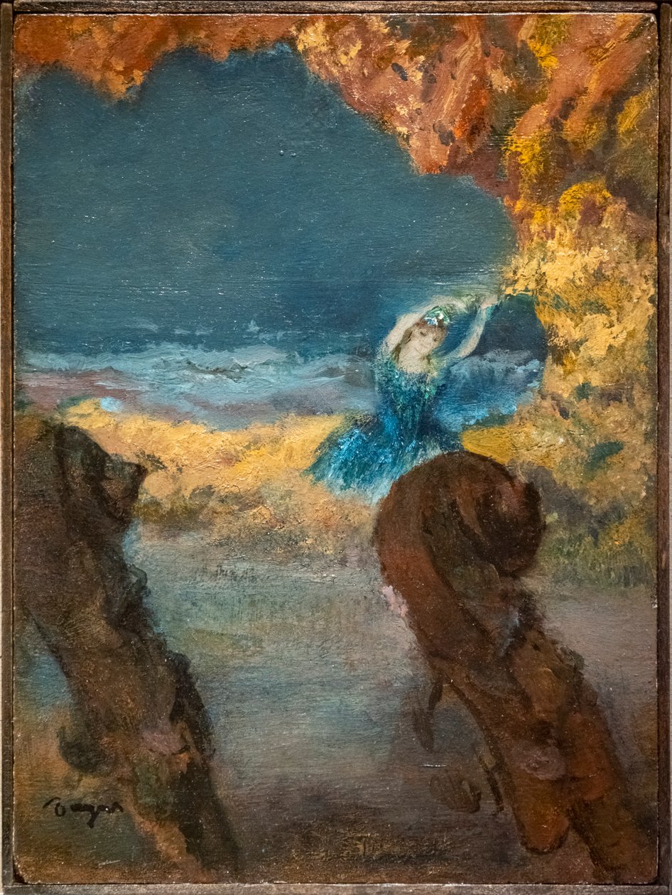 Dançarino azul e contrabaixo. 1891. Óleo sobre madeira. de Edgar Degas