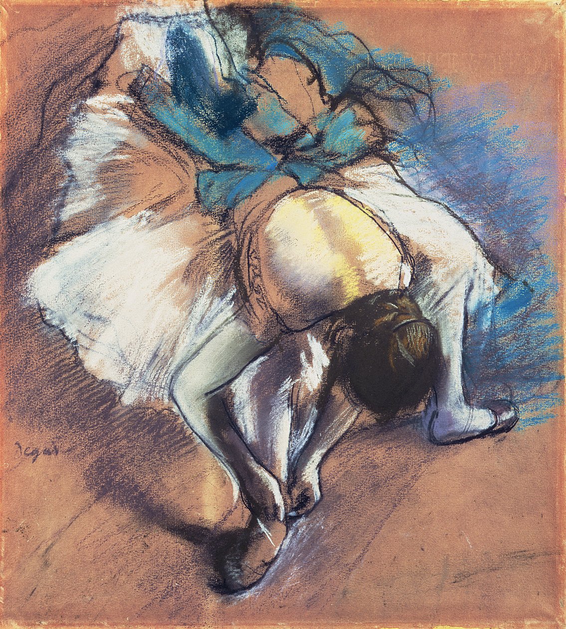 Dancer Fastening her Pump, c.1880-85 (pastel e giz preto sobre papel de buff) de Edgar Degas