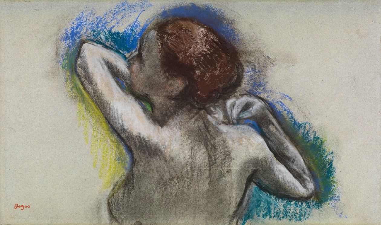 Bailarina a ajustar a correia do ombro, c.1895-1900 (carvão e pastel sobre papel) de Edgar Degas