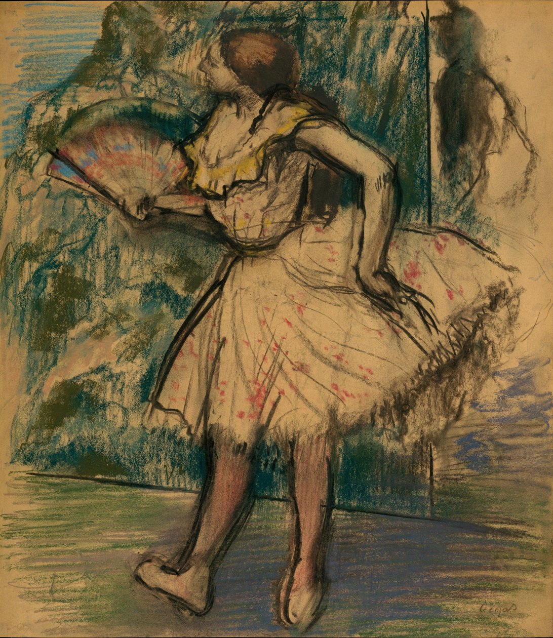 Dançarino com Ventilador, c.1890-95 (pastel e carvão vegetal sobre papel vegetal de cor amarela) de Edgar Degas