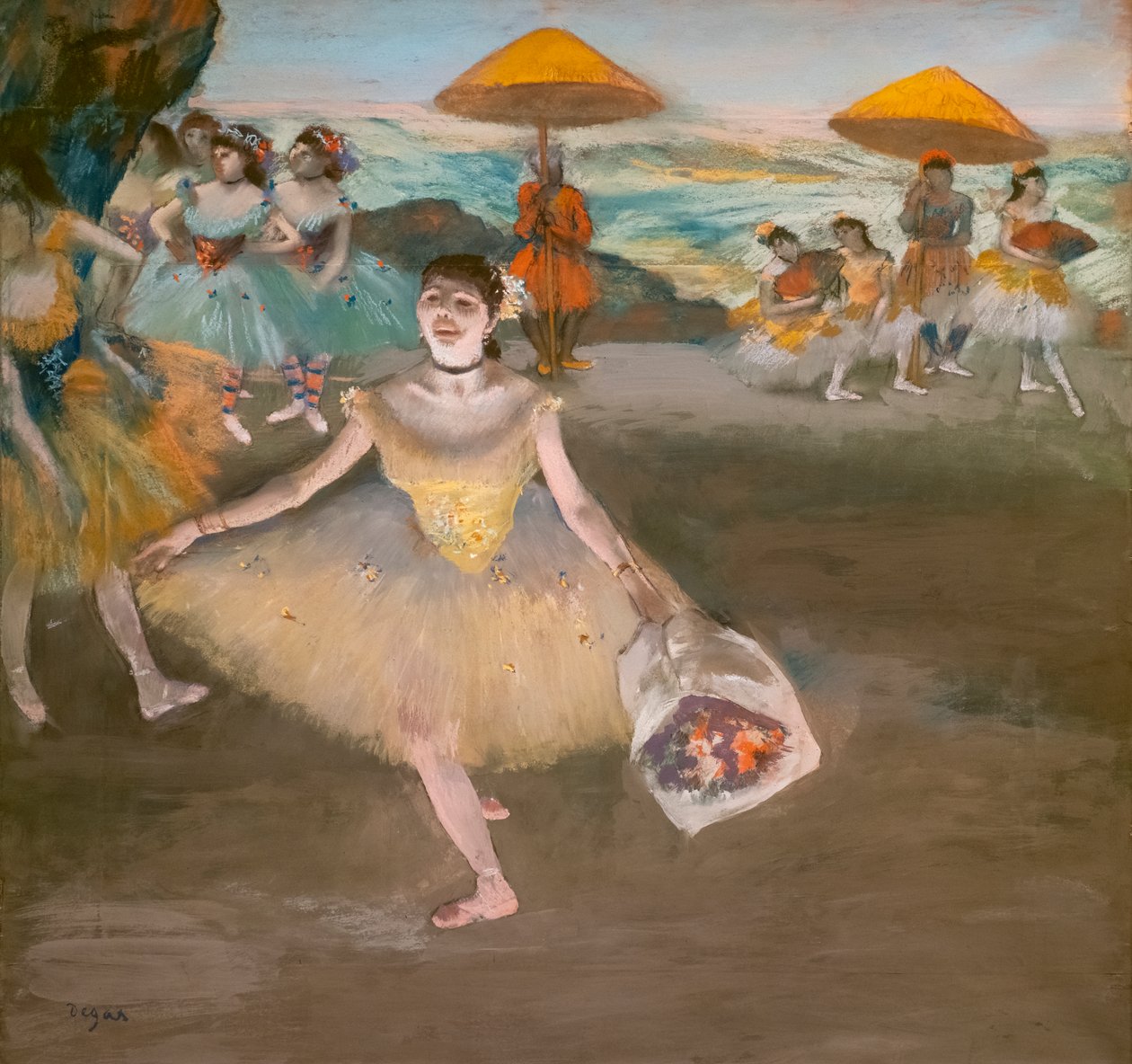 Dançarina com um bouquet de saudação. 1878. Pastel em papel de velino maroufle em lona. de Edgar Degas