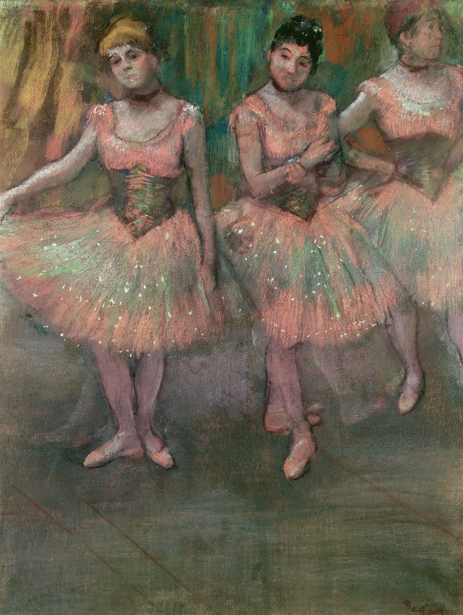 Dançarinos vestindo saias coloridas salmão de Edgar Degas
