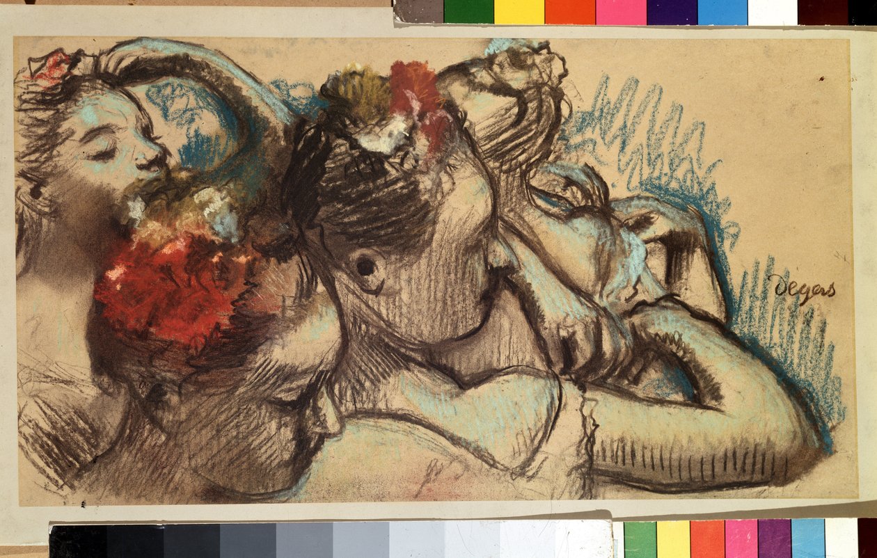 Dançarinos. Bailarinas (dançarinas estrelas) ajustando suas roupas nos camarins (bastidores) antes de ir dançar no palco. Desenho de Edgar Degas (1834-1917) de Edgar Degas