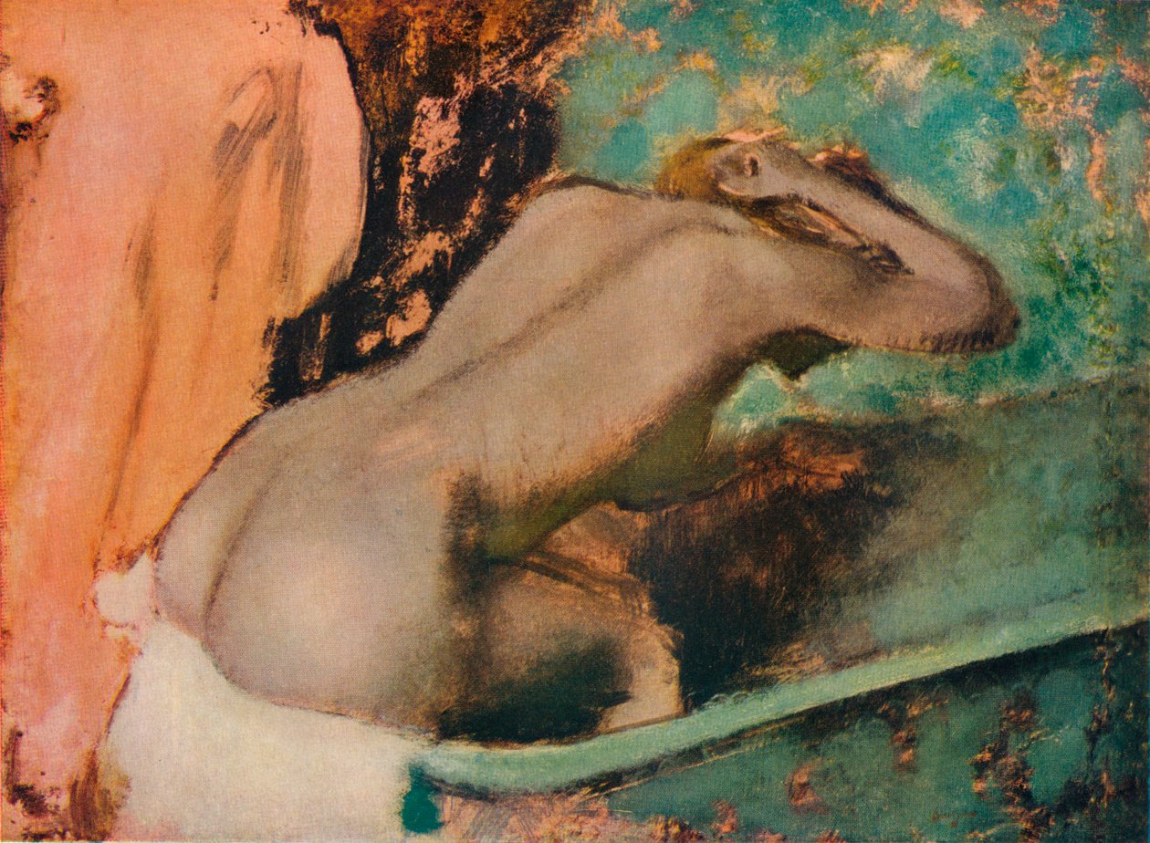 Mulher sentada à beira de uma banheira e banhando o pescoço, c1880, 1936 de Edgar Degas