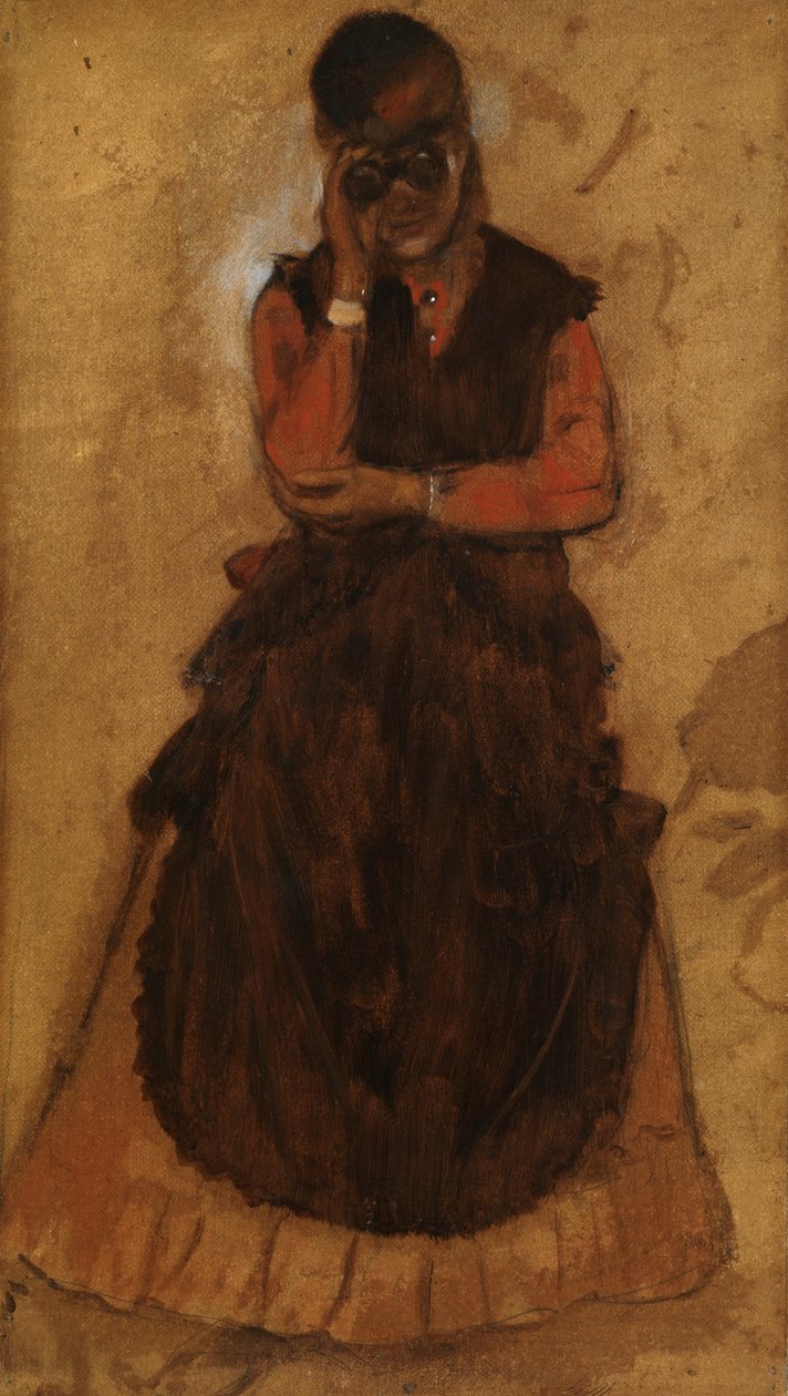 Rapariga a olhar através de óculos de ópera (óleo sobre painel) de Edgar Degas