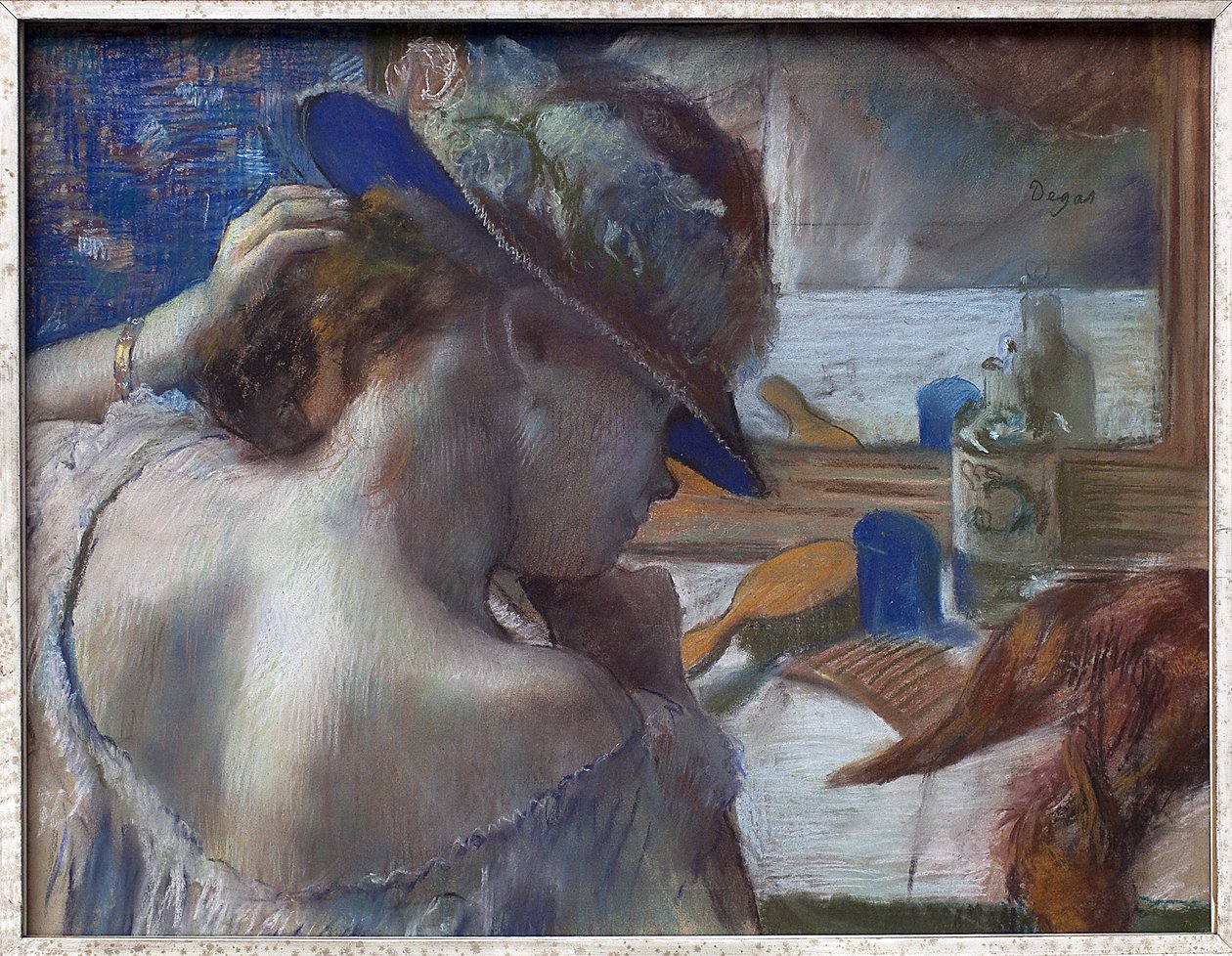 Em frente ao espelho. Obra de Edgar Degas (1834-1917), pastel por volta de 1889. Arte francesa de Edgar Degas