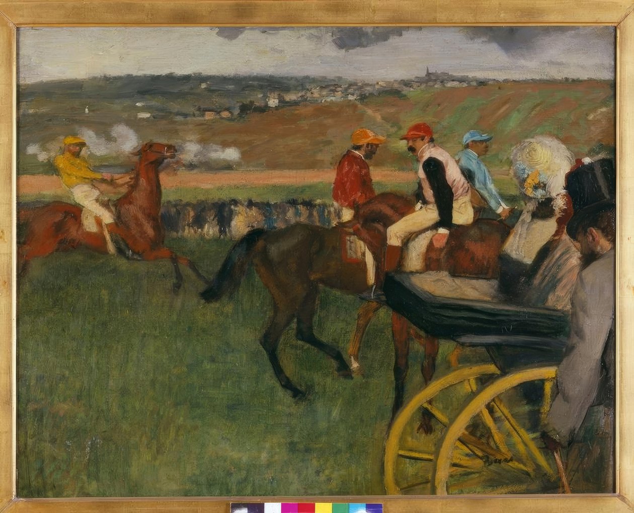 O percurso da corrida. Jóqueis amadores perto de um carro de Edgar Degas