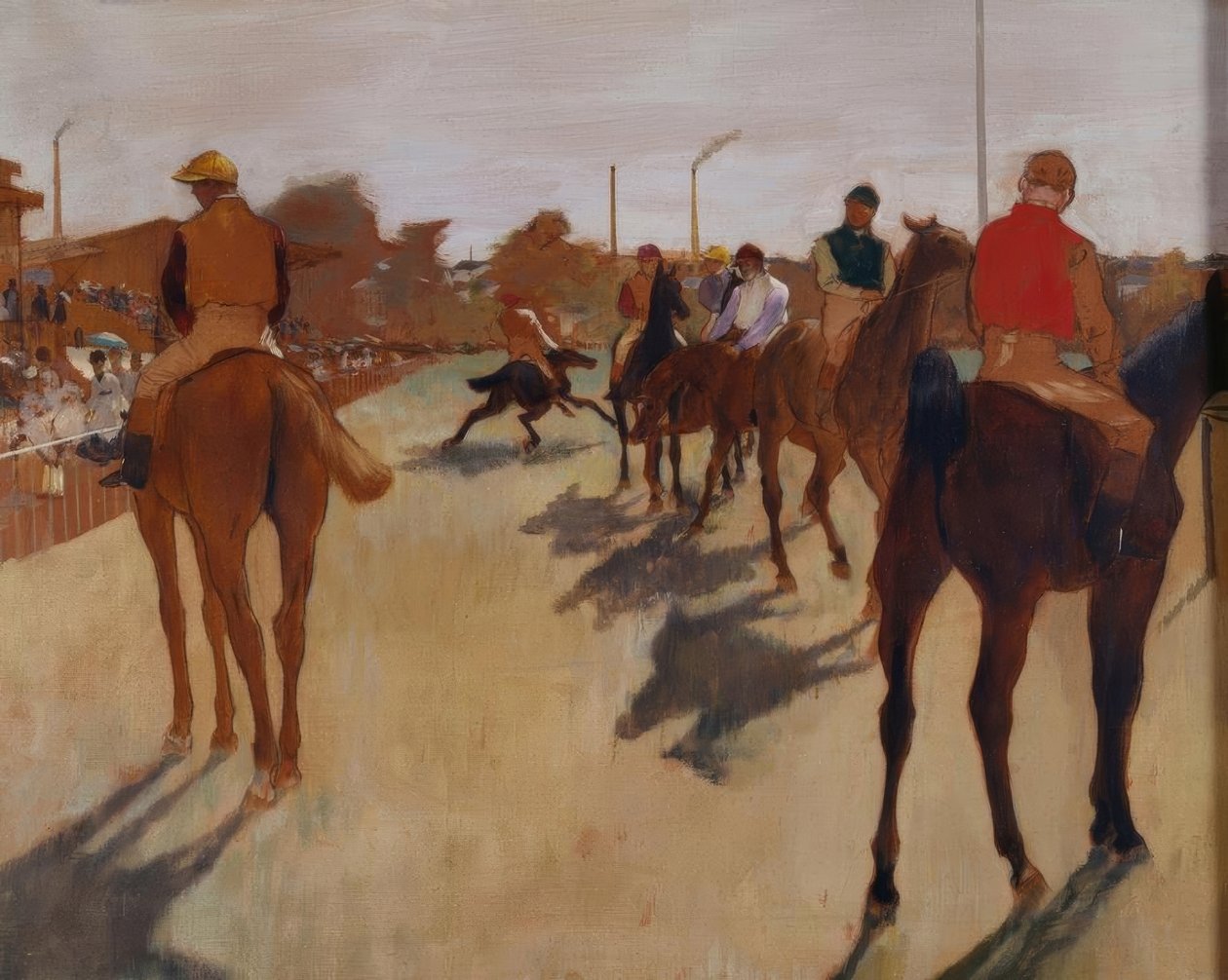 O desfile também diz Cavalos de corrida em frente às arquibancadas de Edgar Degas