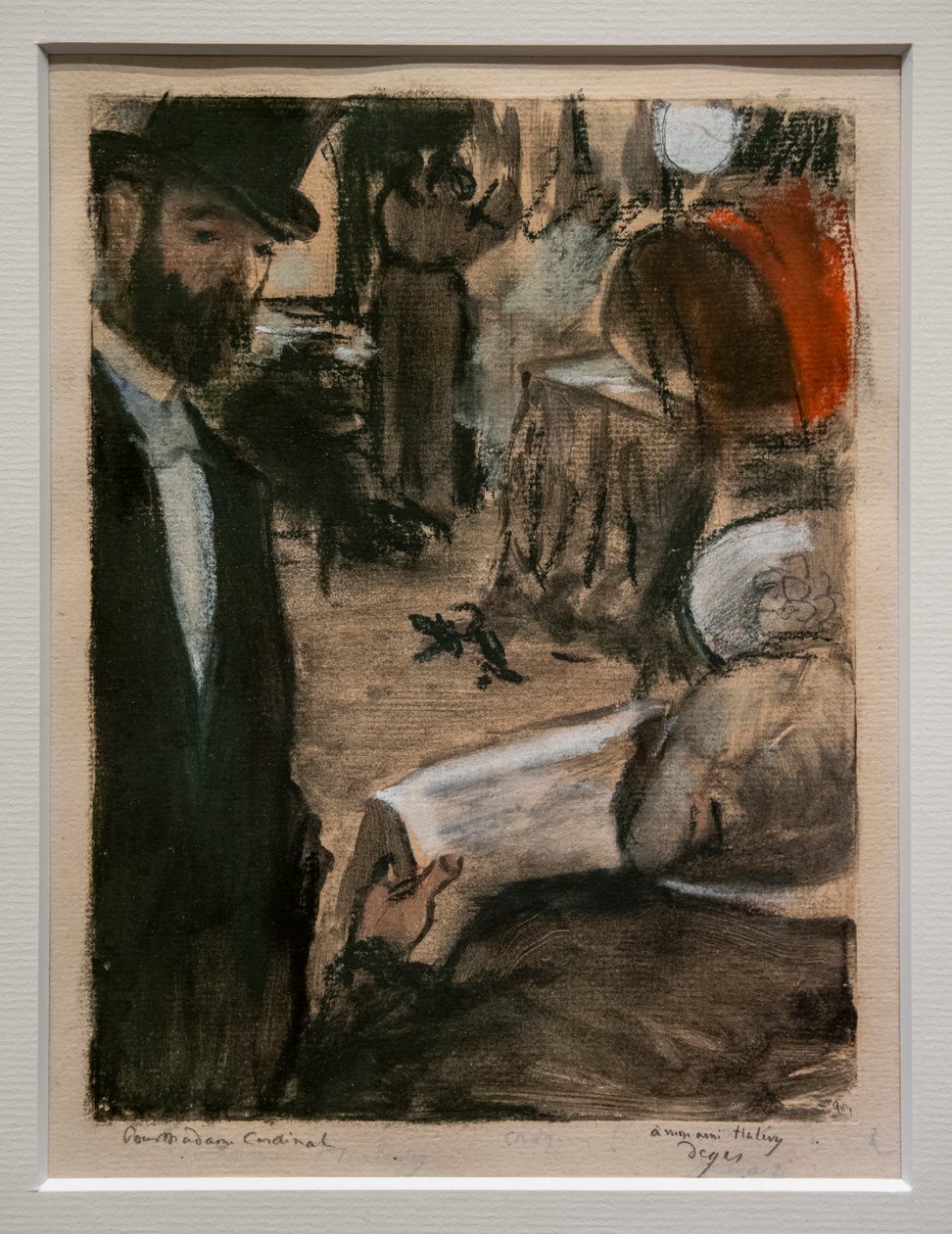 Ludovic Halevy encontra a Madame Cardeal num camarim. Por volta de 1876-1877. Pastel e lápis em monotipo. de Edgar Degas