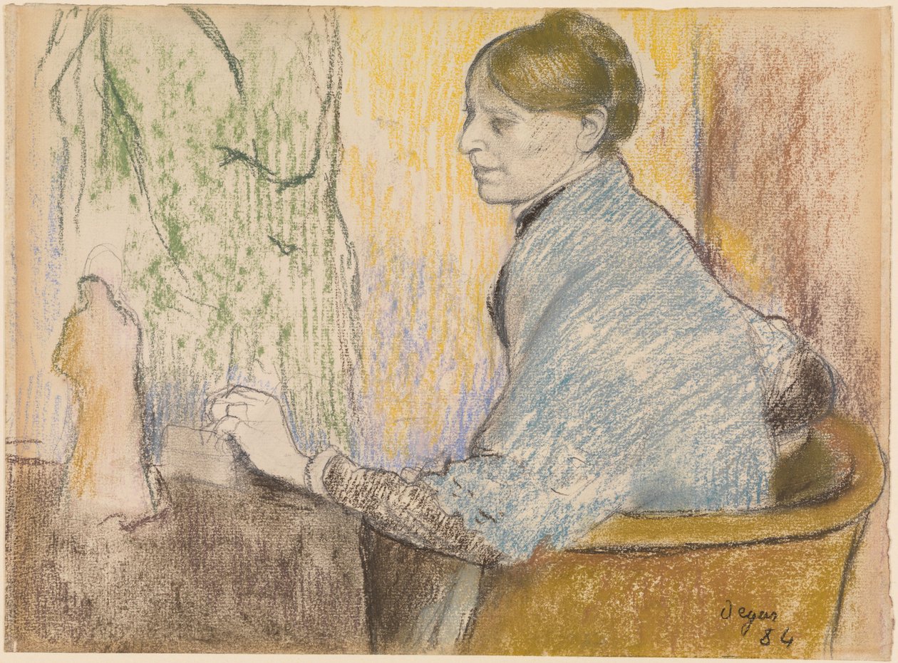 Madame Henri Rouart numa poltrona diante de uma pequena mesa com uma estatueta de Tanagra de Edgar Degas