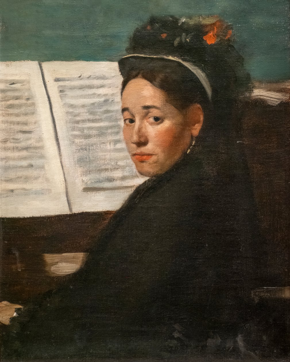 A Menina Dihau ao piano. Por volta de 1870. Óleo sobre tela. de Edgar Degas