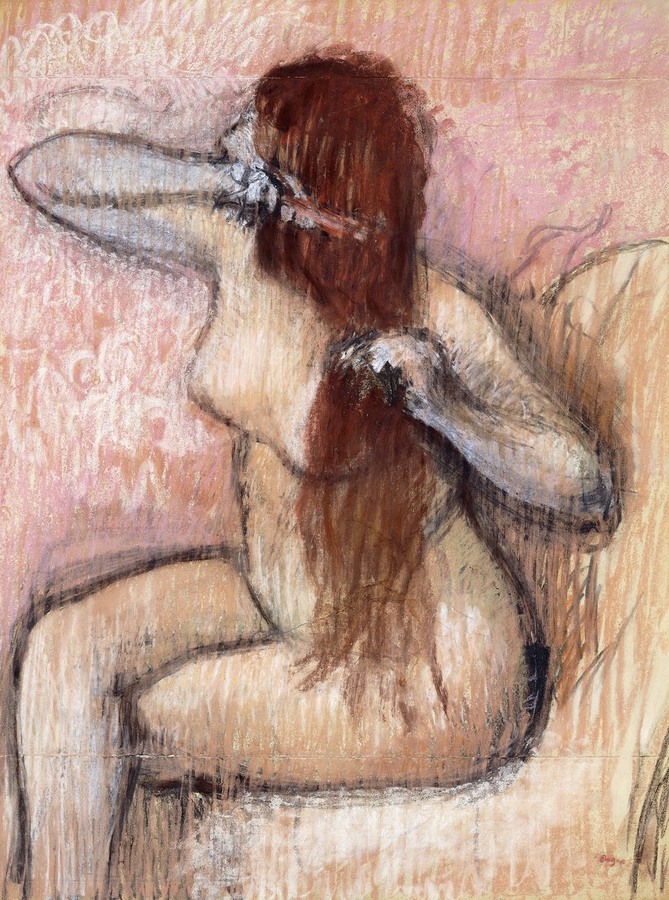 Mulher sentada nua, arrumando o cabelo; Mulher nua sentada, penteando o cabelo, c.1887-1890 de Edgar Degas