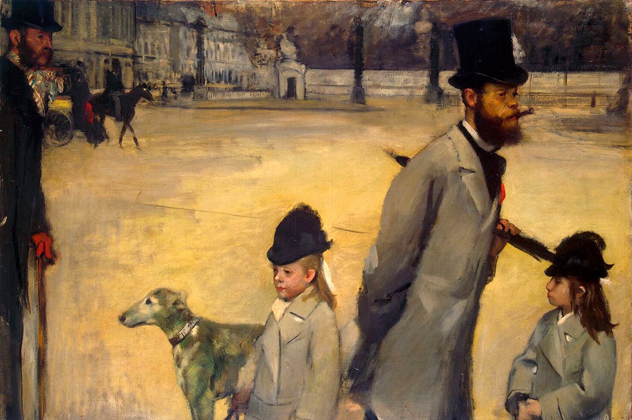 Praça da Concórdia, Visconde Lepic e suas filhas atravessando a Praça da Concórdia, 1875. de Edgar Degas