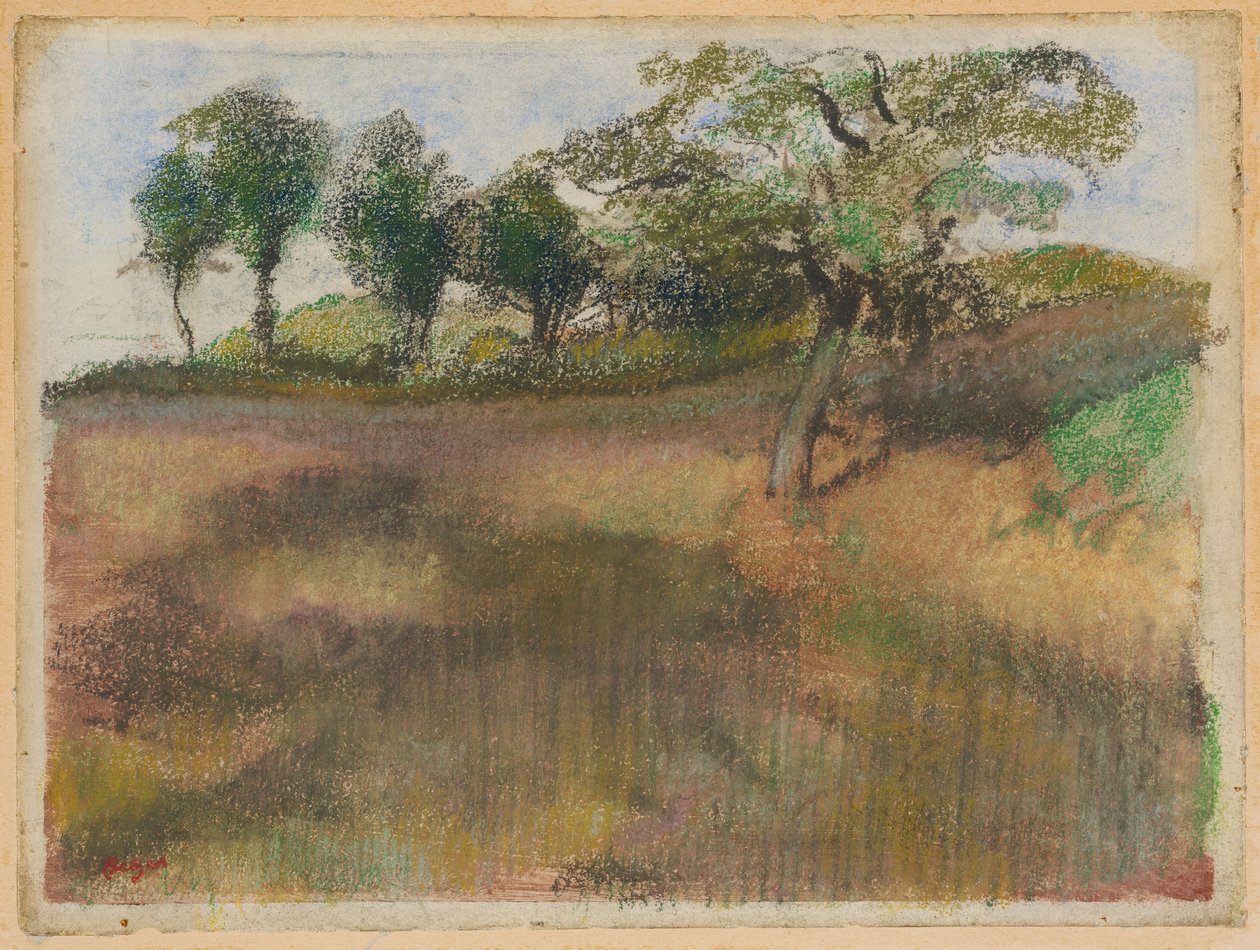 Campo arado rodeado de árvores de Edgar Degas