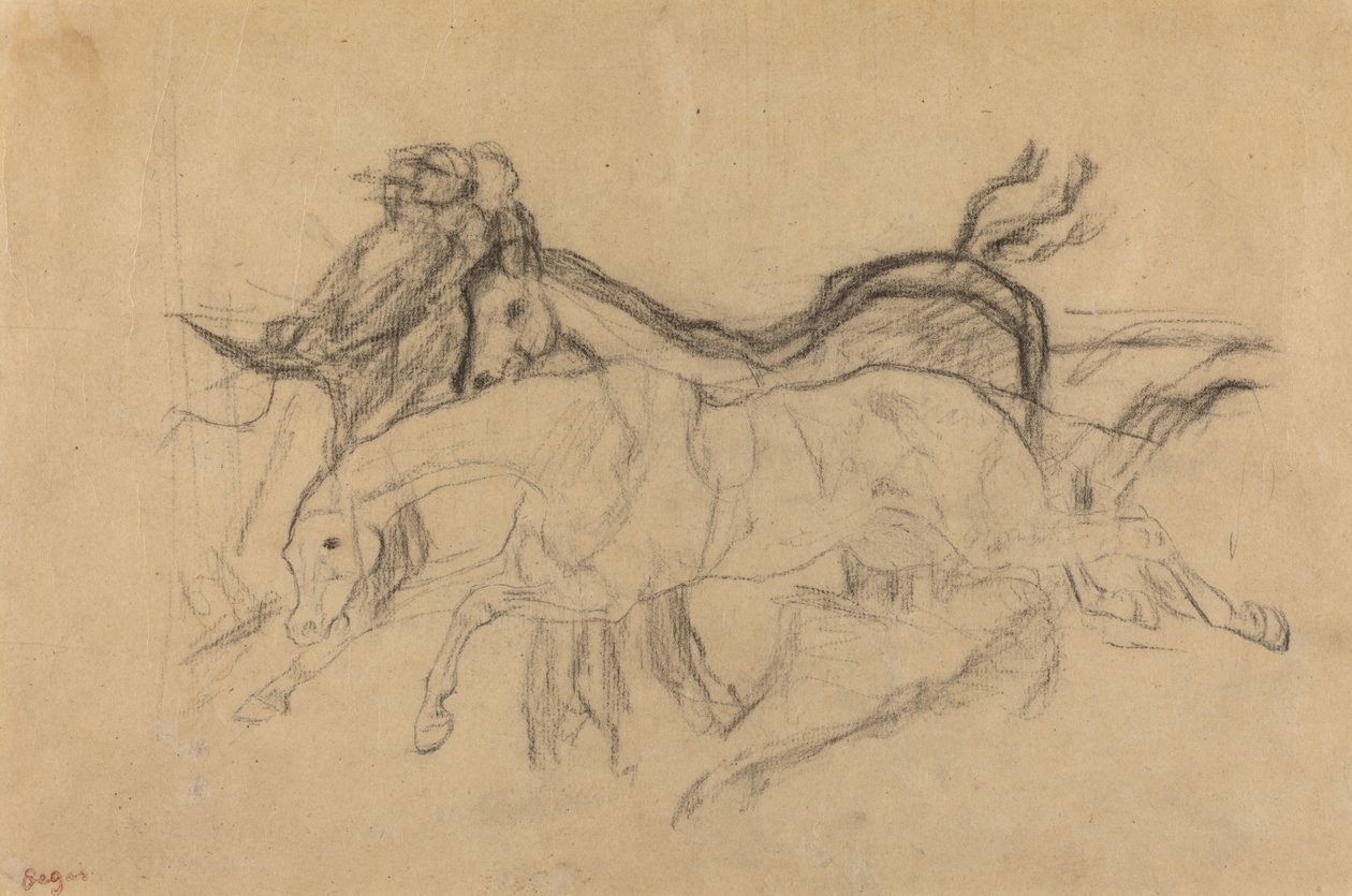 Cavalos de corrida (estudo para "Scene from the Steeplechase: The Fallen Jockey") de Edgar Degas