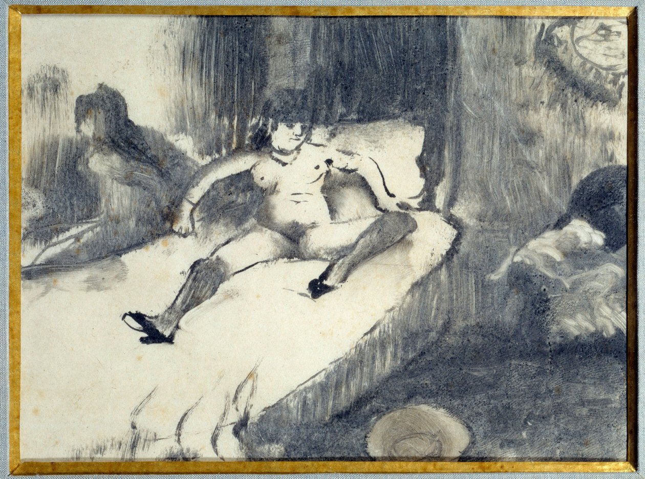 Descanse na cama Uma prostituta descansando em sua cama em um bordel. Pintura por Edgar Degas de Edgar Degas